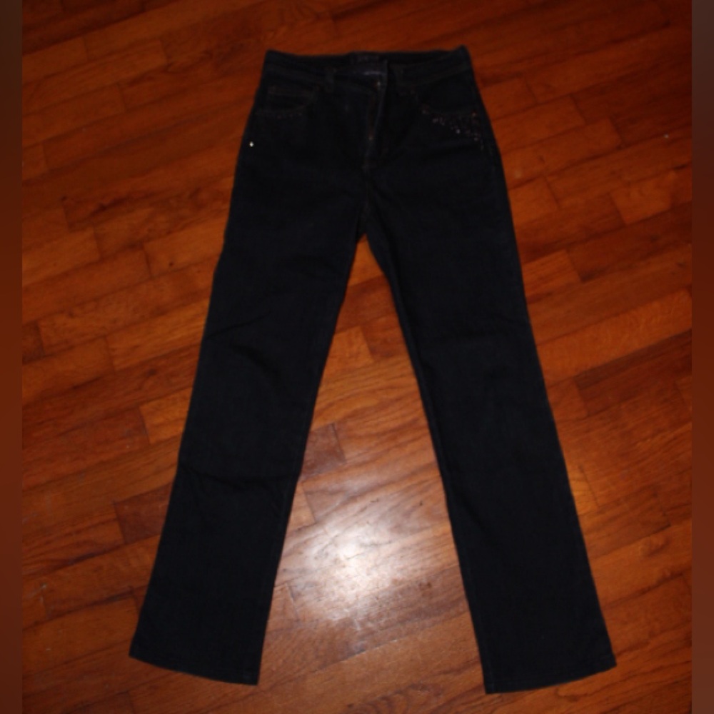 Dark Denim Straight-Leg Jeans With Rhinestones